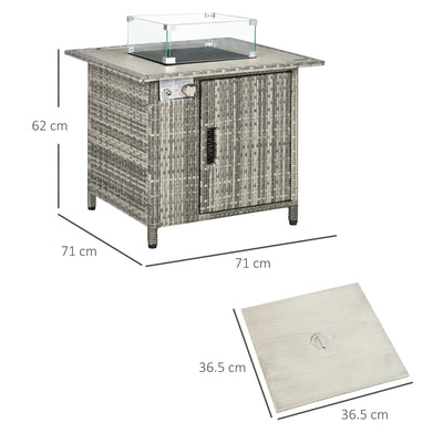 Outsunny Outdoor PE Rattan Gas Fire Pit Table, Patio Square Propane Heater with Rain Cover, Glass Windscreen, and Lava Stone, 50,000 BTU, Grey 