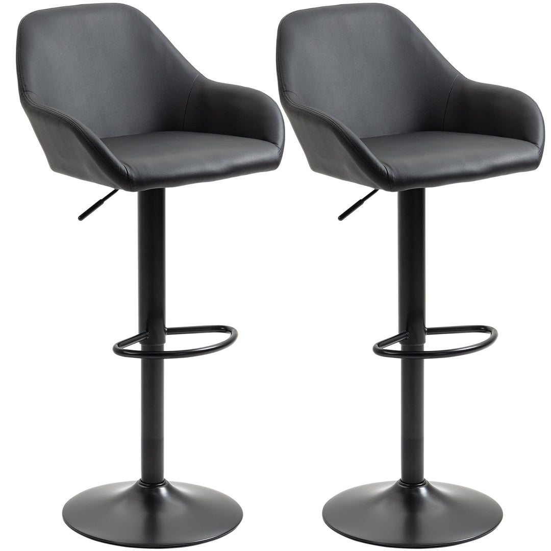 HOMCOM Bar Stools Set of 2, Height Adjustable Swivel Barstools, PU Leather Kitchen Stools with Backs, Armrests and Footrest for Home, Counter and Dining Room, Black 