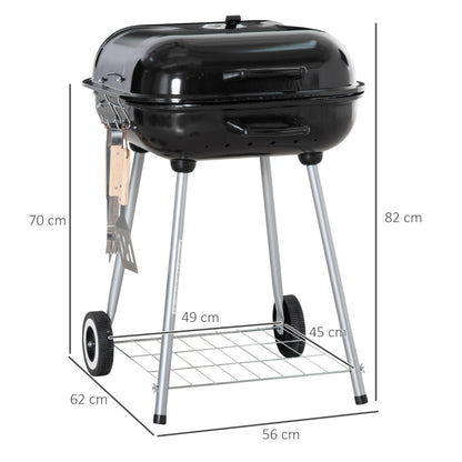 Outsunny Portable BBQ Charcoal Grill with 2 Wheels and Cooking Utensils, Smoker Grill with Lid for Outdoor Barbecues, Camping, Picnic, Courtyard 