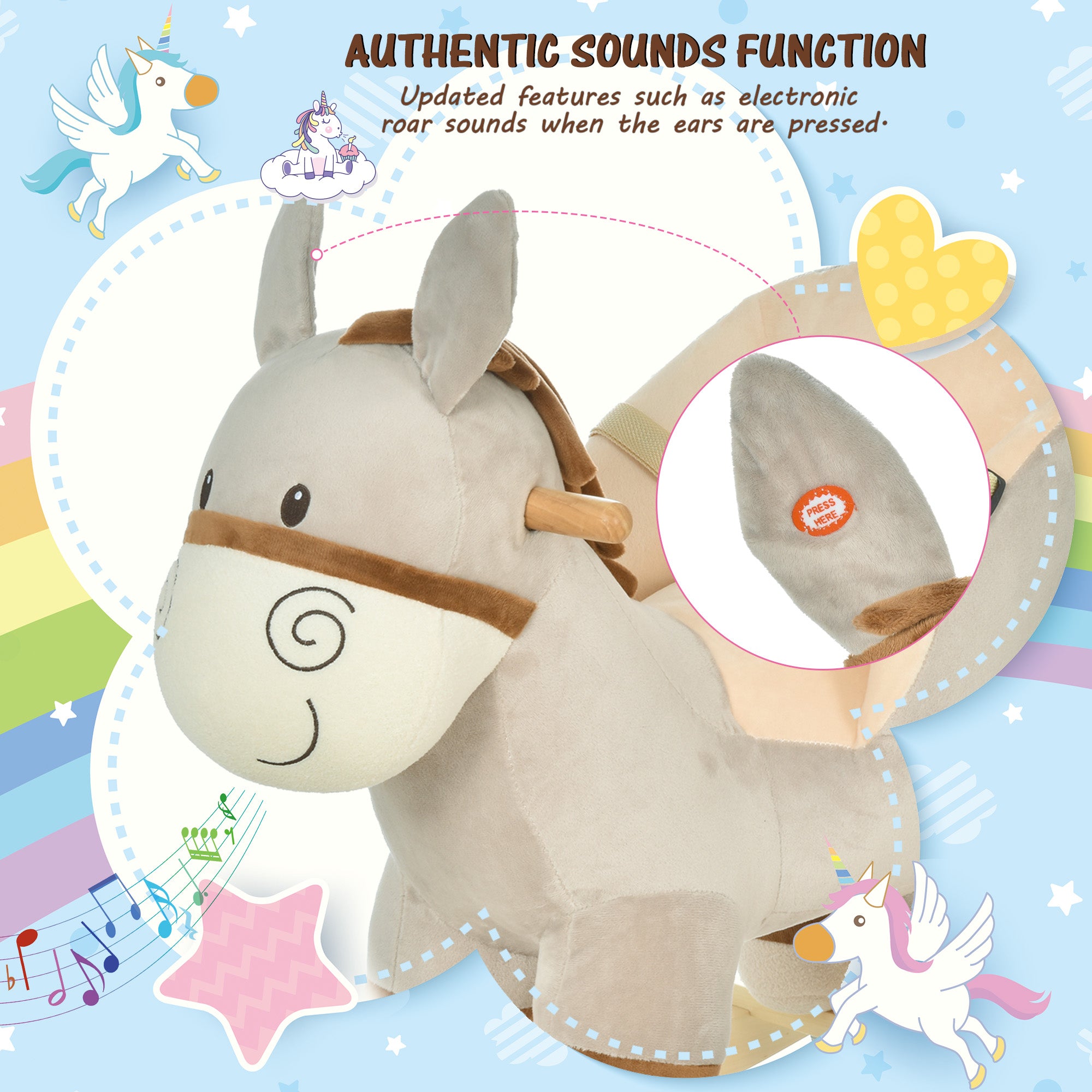 HOMCOM Kids Children Rocking Horse Plush Ride On Donkey Seat w/ Sound Wood Base Seat Safety Belt Toddler Baby Toy Rocker Grey 18 - 36 Months 