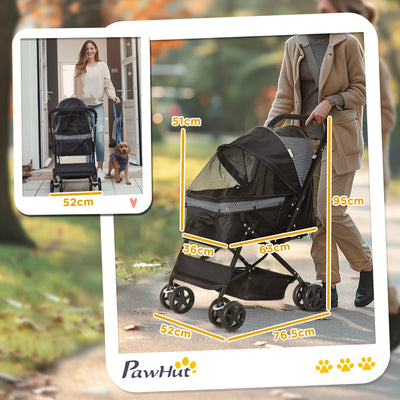 PawHut Pet Stroller Pushchair Foldable Travel Dog Cat Carriage w/ Reversible Handle Brake Basket 