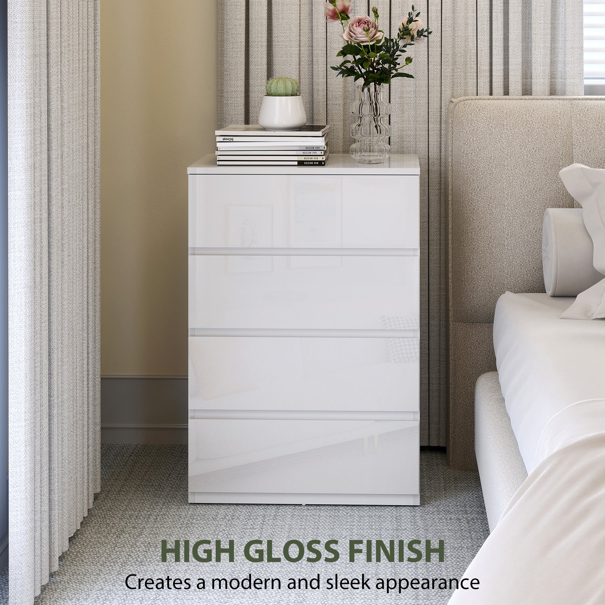 HOMCOM High Gloss Chest of Drawers, 4-Drawer Storage Cabinets, Modern Dresser for Bedroom, White 