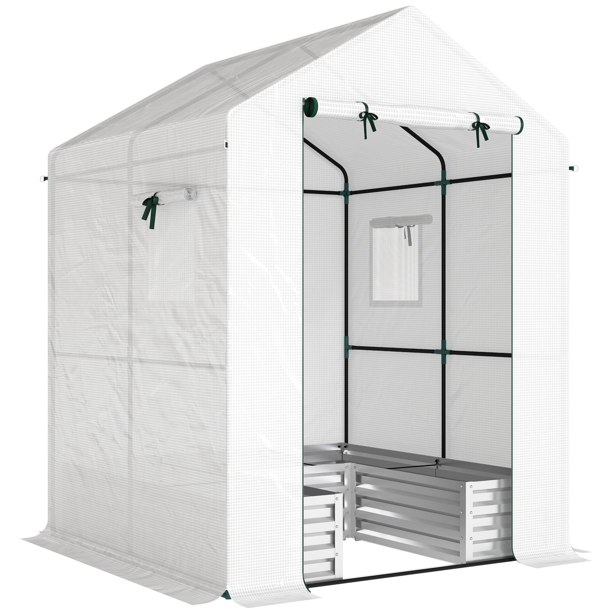 Outsunny Small Greenhouse with Raised Garden Bed, Galvanised Walk-in Greenhouse with Roll Up Windows, 141 x 141 x 190 cm, White 