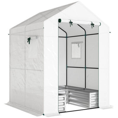 Outsunny Small Greenhouse with Raised Garden Bed, Galvanised Walk-in Greenhouse with Roll Up Windows, 141 x 141 x 190 cm, White 