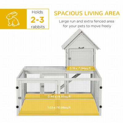 PawHut Indoor Rabbit Hutch, Guinea Pig Cage, with Slide-Out Tray, Large Fenced Area - Light Grey 