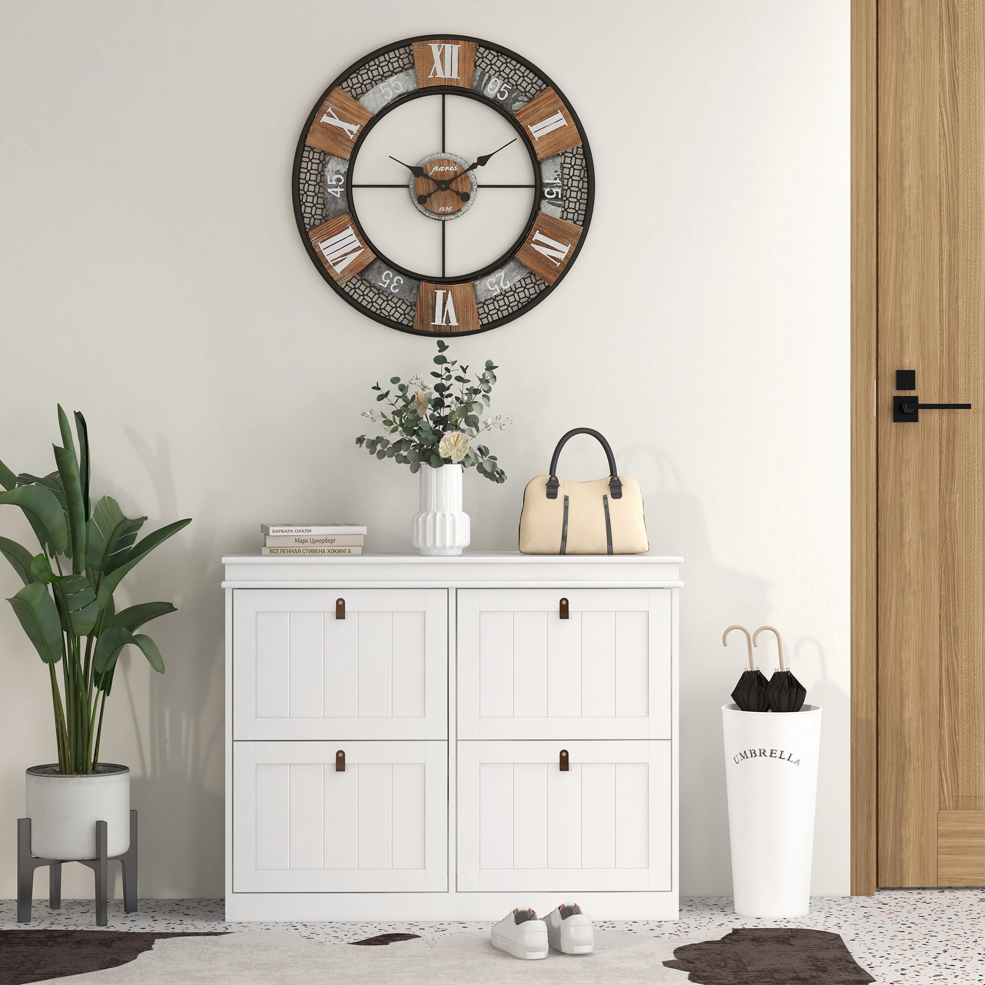 HOMCOM Slim Shoe Cabinet, Shoe Cabinet with 4 Drop-Down Drawers, 105W x 24D x 82.5H cm,  White 