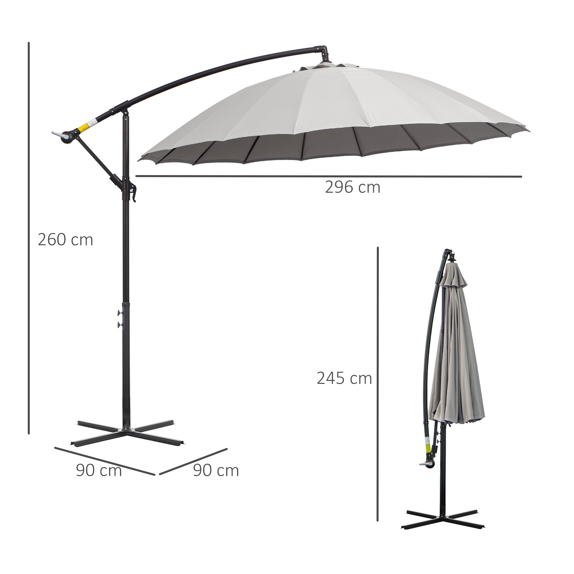 Outsunny 3(m) Cantilever Umbrella 18 Ribs & Vents Adjustable Angle for Patio Light Grey 