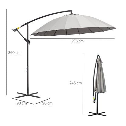 Outsunny 3(m) Cantilever Umbrella 18 Ribs & Vents Adjustable Angle for Patio Light Grey 