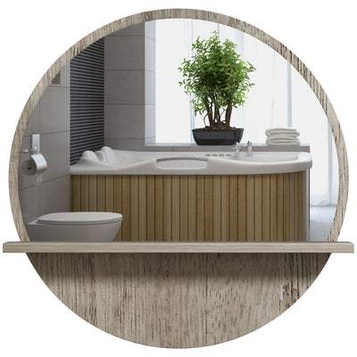 kleankin 45cm Round Home Mirror, with Shelf - Grey Wood-Effect 