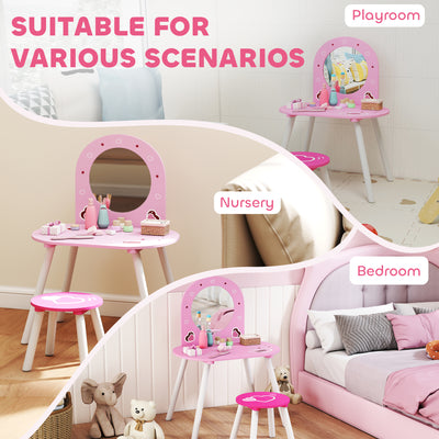 AIYAPLAY Kids Dressing Table with Mirror and Stool, Girls Vanity Set for Kids Room, Bedroom, Nursery, for Ages 3–6 Years, Pink 