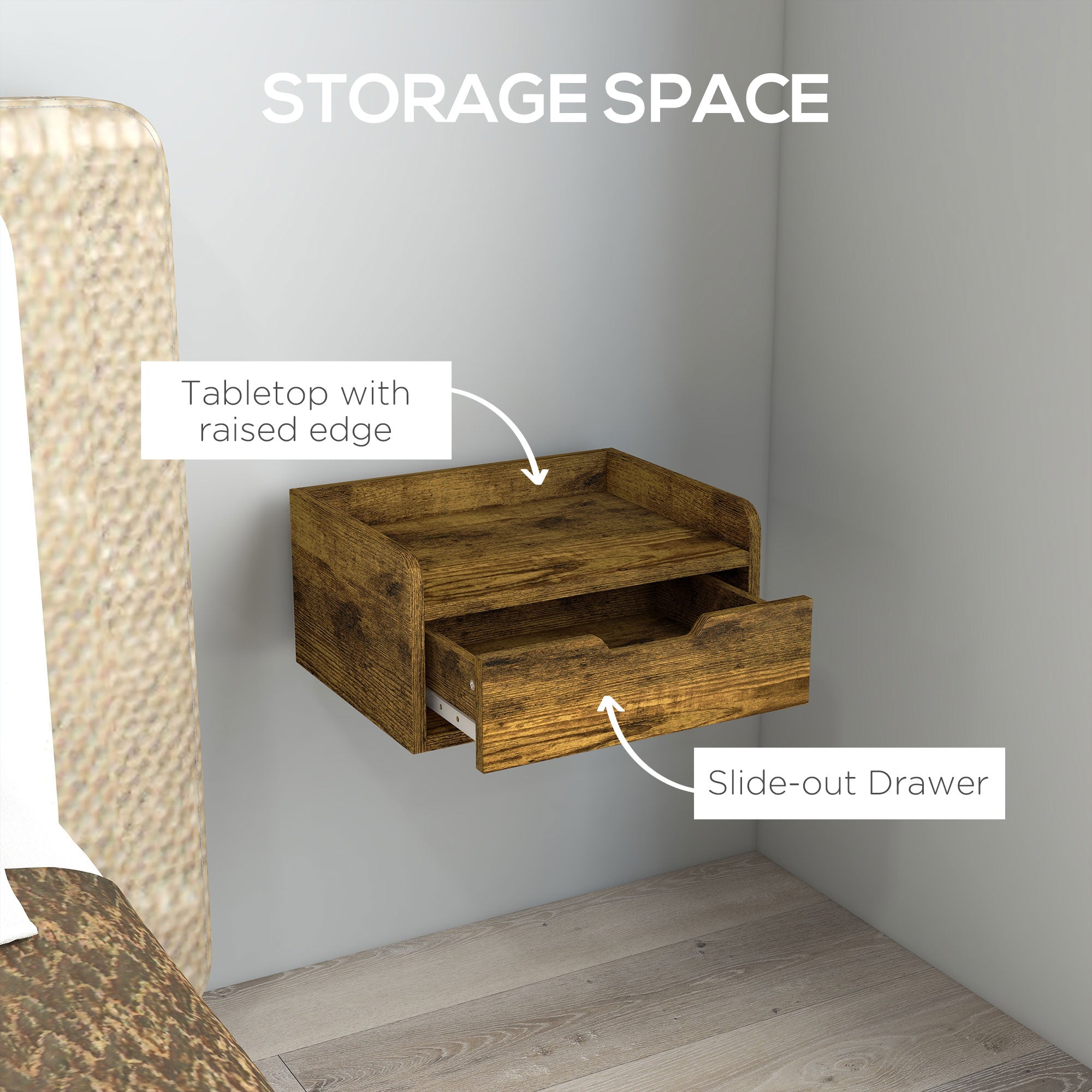 HOMCOM Floating Nightstand Set of 2 Wall Mounted Bedside Table with Storage Drawer for Bedroom, Rustic Brown 