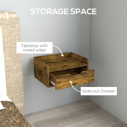 HOMCOM Floating Nightstand Set of 2 Wall Mounted Bedside Table with Storage Drawer for Bedroom, Rustic Brown 