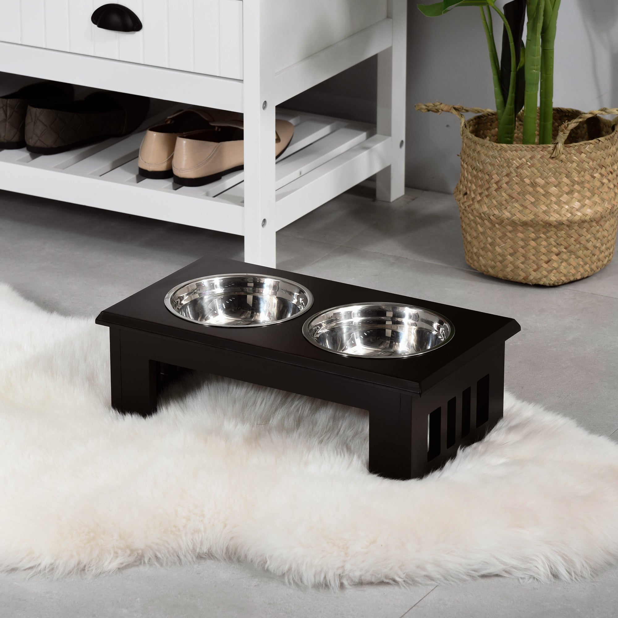 PawHut Raised Dog Feeding Bowls with Stand, Stainless Steel for Medium Dog, 58L x 31W x 25H cm - Brown 