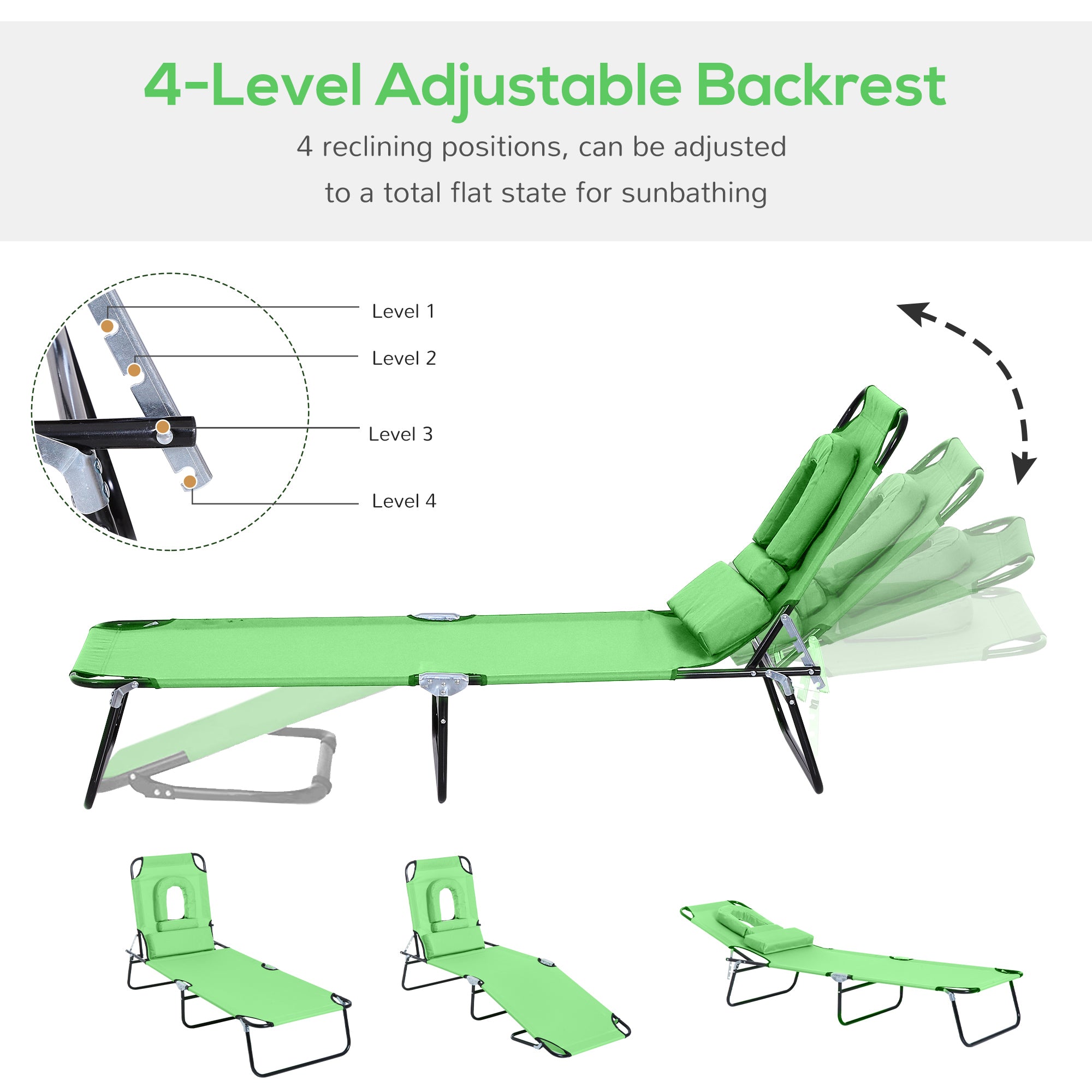Outsunny Outdoor Foldable Sun Lounger, 4 Level Adjustable Backrest Reclining Sun Lounger Chair with Pillow and Reading Hole, Green 