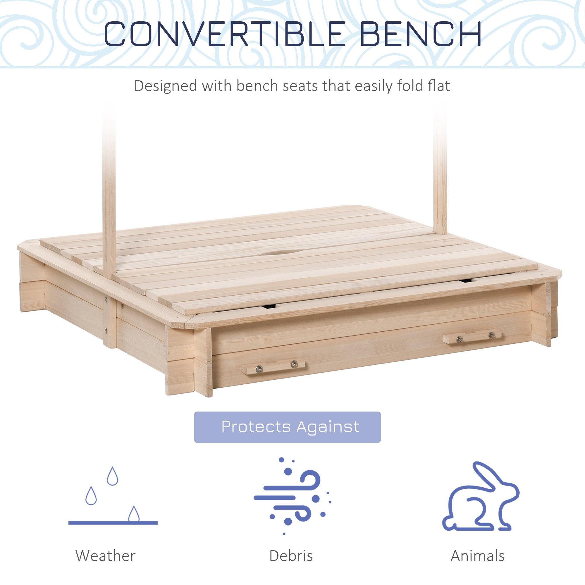 Outsunny Kids Wooden Sand Pit with Lids Children Sandbox Height Adjustable Canopy for Garden, Convertible Bench Seat Outdoor Backyard Playset, Blue and White Canopy 
