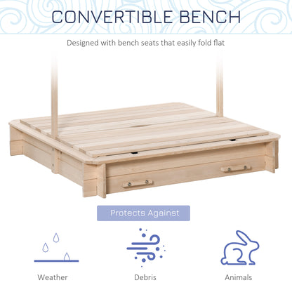 Outsunny Kids Wooden Sand Pit with Lids Children Sandbox Height Adjustable Canopy for Garden, Convertible Bench Seat Outdoor Backyard Playset, Blue and White Canopy 