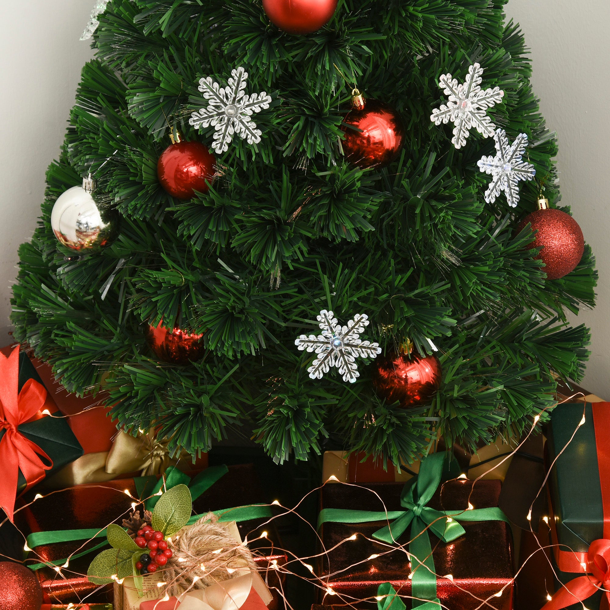 HOMCOM 3FT Green Fibre Optic Artificial Christmas Tree Xmas Colourful LED Scattered Tree with Snowflakes Ornaments Fireproofing 