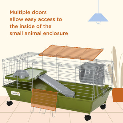 PawHut Small Animal Cage Rabbit Guinea Pigs Chinchillas Cage w/ Wheels Water Bottle Food Dish Platform Ramp 89 x 44 x 43 cm Green 