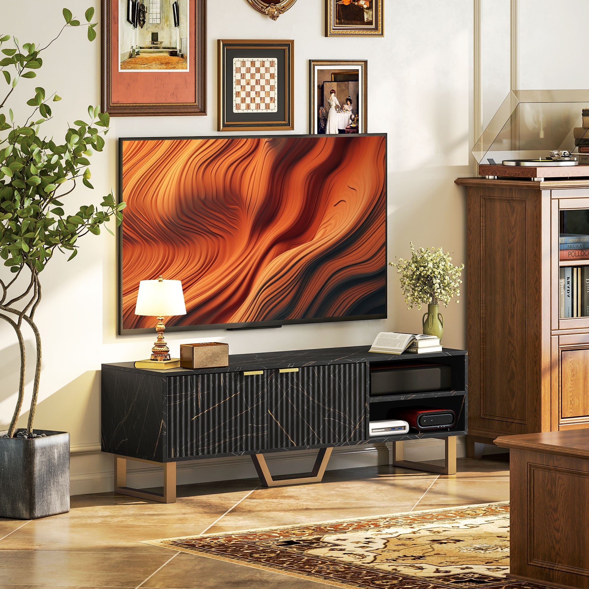 HOMCOM Marble Effect TV Unit, TV Stand Cabinet for up to 70" TVs, Modern TV Cabinet with Shelves and Storage Cupboard, Fluted Door, Extra Centre Leg, Cable Management for Living Room, Black 