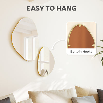 HOMCOM Set of 2 Pebble-Shaped Wall Mirror - Gold Tone 