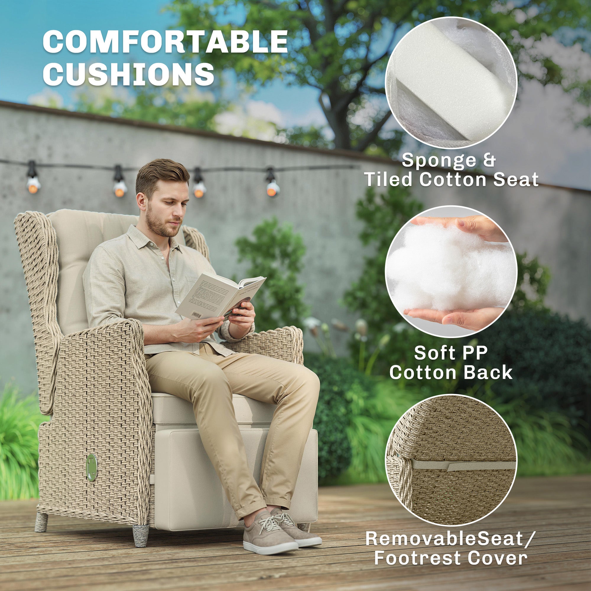 Outsunny Rattan Garden Recliner Chair, Reclining Garden Chair with Adjustable Back and Footrest, Flip Table, Cushion, Brown 