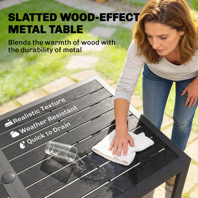 Outsunny Garden Dining Set for 6, Faux Wood Metal Outdoor Table and Stackable Chairs with Plastic Rattan Effect Seat, Black 