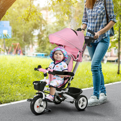 HOMCOM Metal Frame 6 in 1 Baby Push Tricycle with Parent Handle for 1-5 Years Old, Pink 