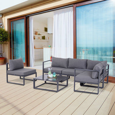 Outsunny 6 PCs Outdoor Indoor Sectional Corner Sofa Set Thick Padded Cushions Aluminium Frame 5 Seaters 1 Coffee Table Grey 