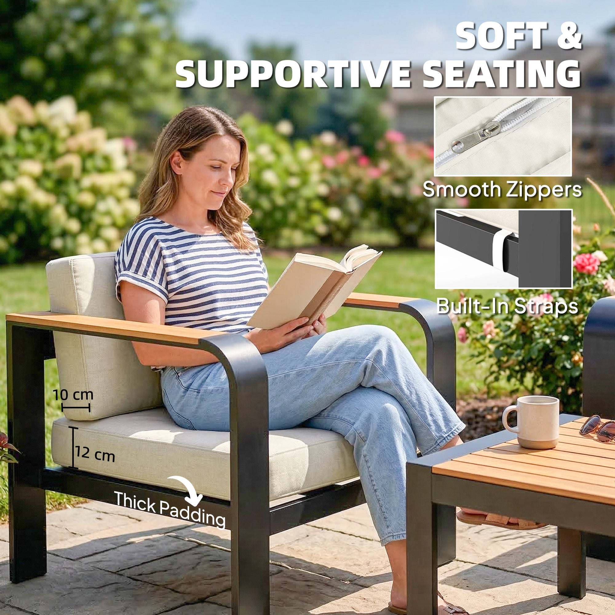Outsunny 3 Pieces Garden Furniture Set with L-Shaped Sofa, Armchair and Coffee Table, Aluminium Garden Corner Sofa Set 