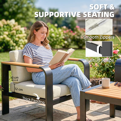 Outsunny 3 Pieces Garden Furniture Set with L-Shaped Sofa, Armchair and Coffee Table, Aluminium Garden Corner Sofa Set 