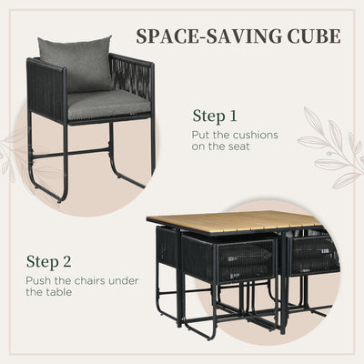 Outsunny 4 Seater Rattan Cube Garden Furniture Set, Rattan Dining Set with Cushions, Outdoor Dining Table and Chairs with Rectangular Wood Grain Plastic Top Table for Patio, Balcony, Black 
