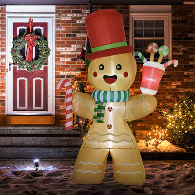 HOMCOM 7.5ft Christmas Inflatable Gingerbread Man with Candy Cane and LED Lights, Blow-Up Outdoor LED Garden Display for Lawn, Party 
