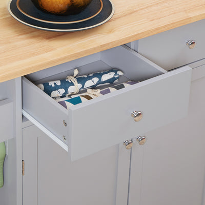 HOMCOM Rolling Kitchen Island on Wheels, Utility Serving Cart with Rubber Wood Top, Towel Rack, Hooks and Storage Drawers, Grey 