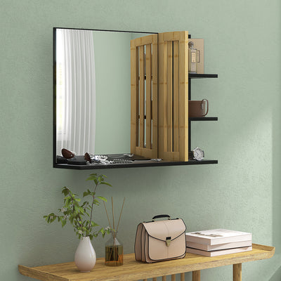 HOMCOM Bamboo Panel Bathroom Mirror, with Shelves 