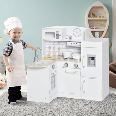 HOMCOM Kids Play Kitchen Wooden Toy Kitchen Cooking Set for Children with Drinking Fountain, Microwave, and Fridge White 