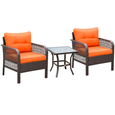 Outsunny 3 Pieces Rattan Bistro Set with Glass Top Coffee Table, Chairs and Cushions for Outdoor, Patio, Balcony, Orange 