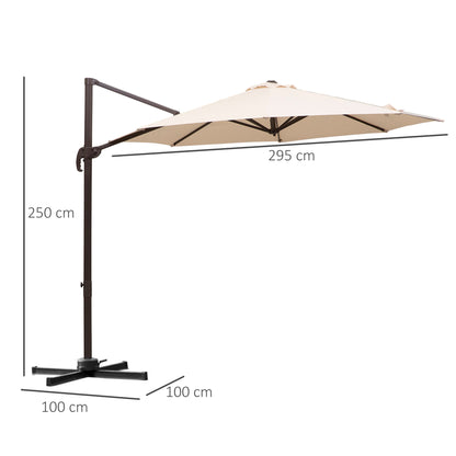 Outsunny 3M Banana Parasol Hanging Cantilever Umbrella W/ Cross Base Hand Crank Aluminium Frame 360°Rotation Hand Crank-Beige 