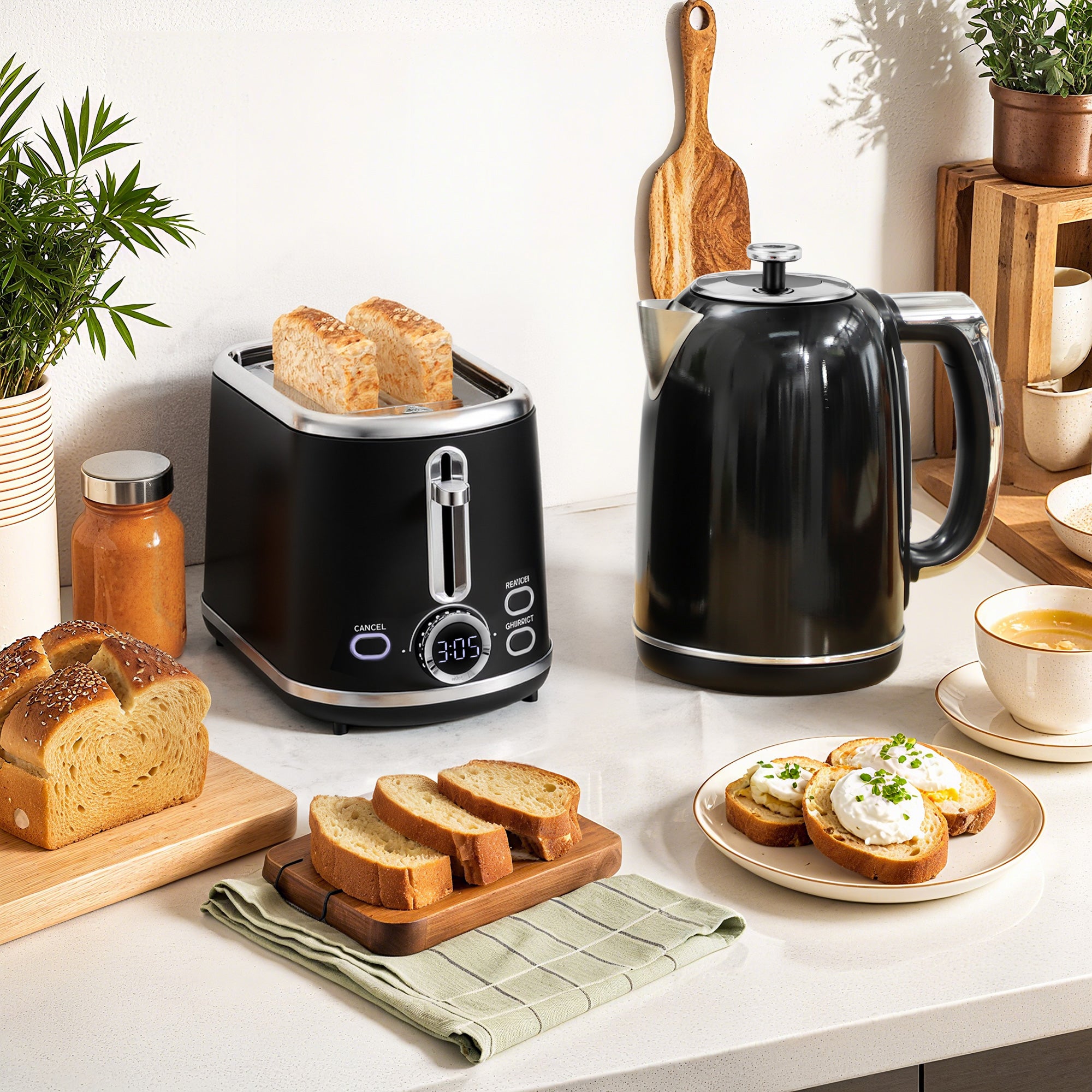HOMCOM Polished Retro 40-100°C Kettle and Toaster Set - Black 
