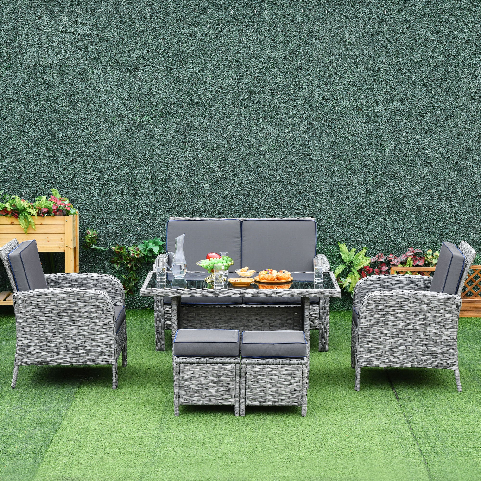 Outsunny 6 Pieces Rattan Garden Furniture Set, 6 Seater Garden Sofa Set with Glass Top Dining Table, Loveseat, 2 Armchairs and Ottomans, Wicker Outdoor Conservatory Furniture for Patio, Grey 