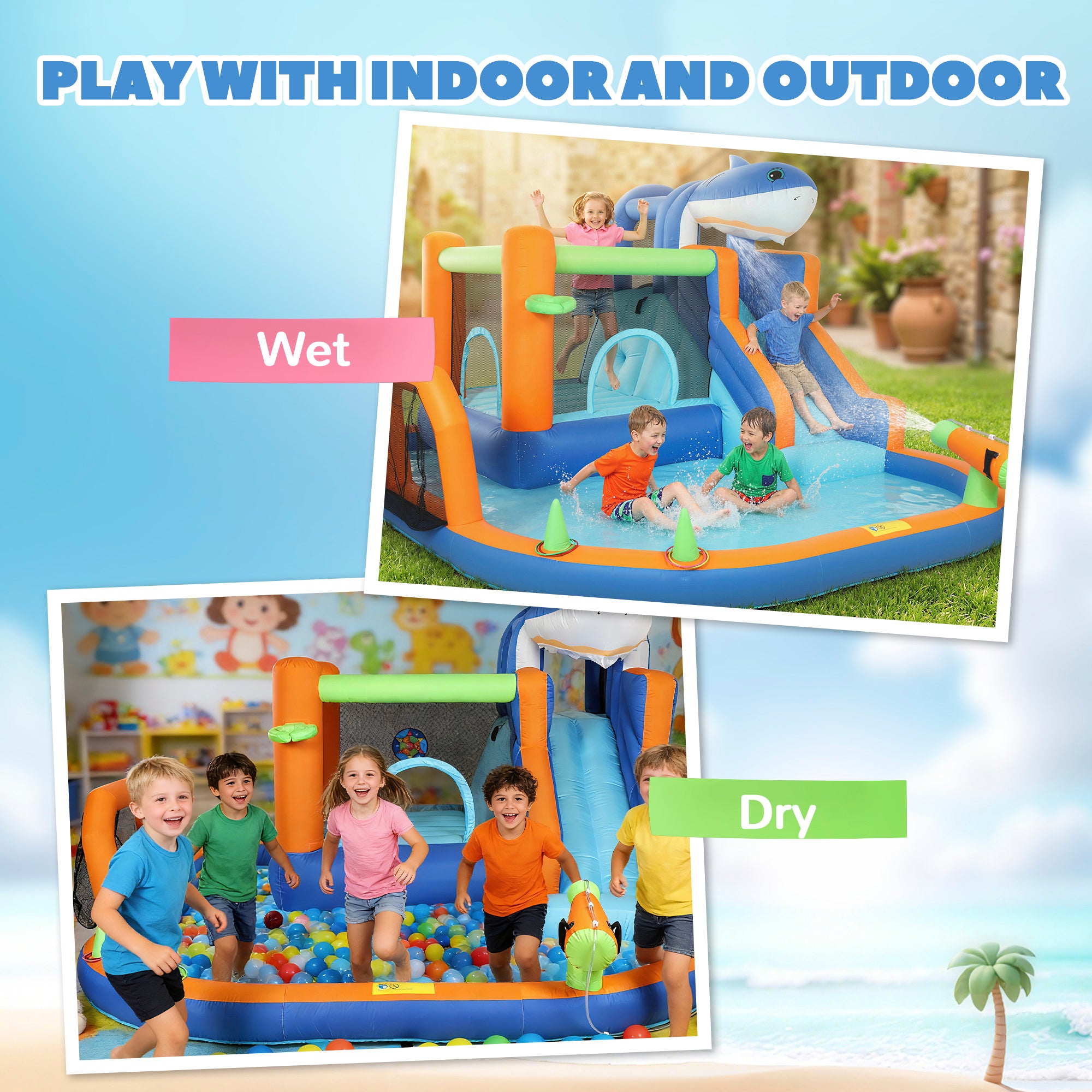 AIYAPLAY Inflatable Bouncy Castle for Kids, Sharks Theme Jumping Bounce House with Slide, Climbing Wall for Indoor Outdoor 