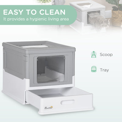 PawHut Hooded Cat Litter Box, Portable Pet Toilet, with Scoop, Front Entry - Grey 