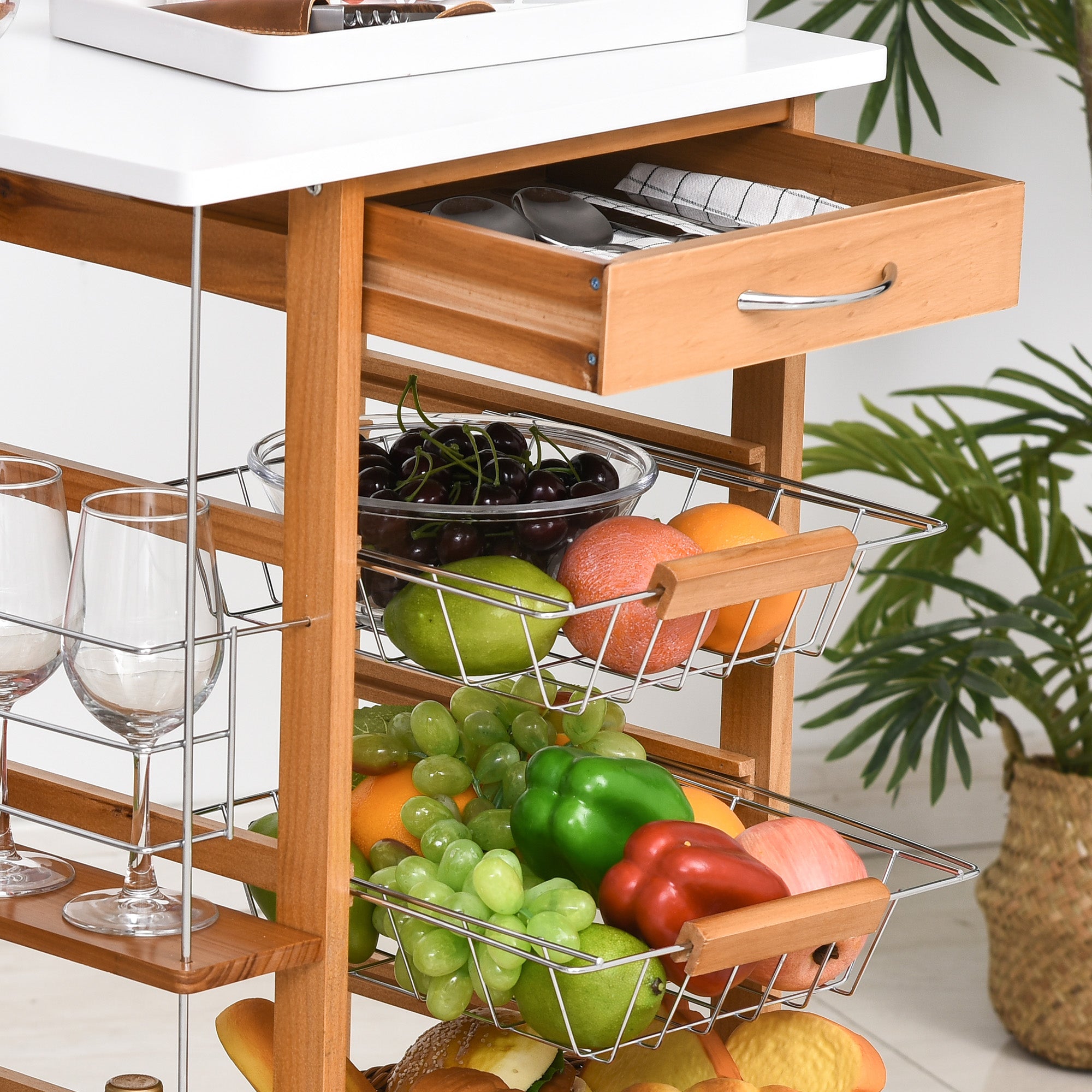 HOMCOM Rolling Kitchen Cart, Utility Storage Cart with 4 Basket Drawers & Side Racks, Wheels for Dining Room, Brown 
