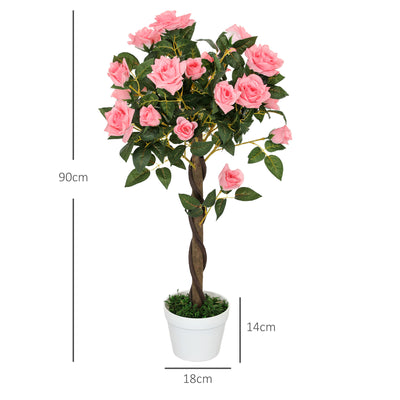 Outsunny Set of 2 Artificial Plants Pink Rose Floral in Pot, Fake Plants for Home Indoor Outdoor Decor, 90cm 