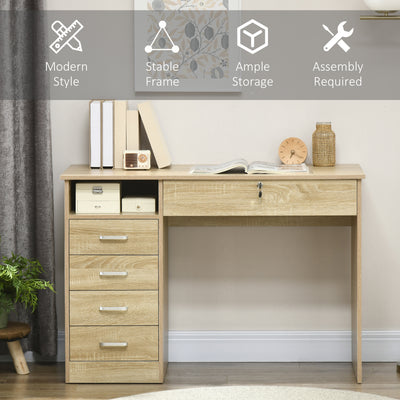 HOMCOM Computer Desk, Home Office Desk with Lockable Drawer, Storage Shelf for Study Bedroom, 110 x 50 x 76 cm, Oak 