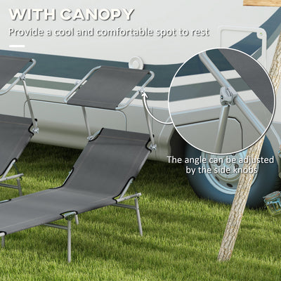 Outsunny Outdoor Foldable Sun Lounger Set of 2, 4 Level Adjustable Backrest Reclining Sun Lounger Chair with Angle Adjust Sun Shade Awning for Beach, Garden, Patio, Grey 