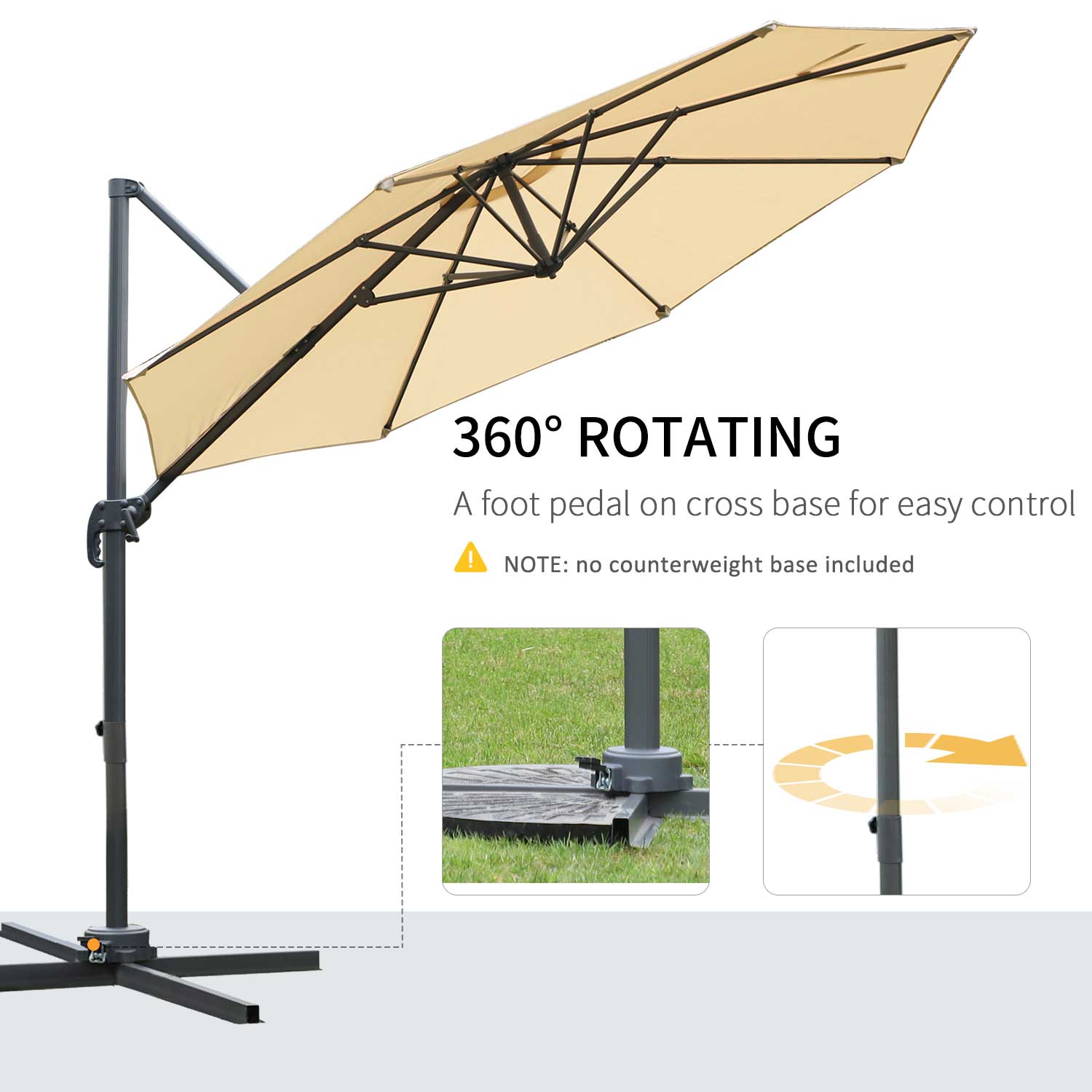 Outsunny Round Umbrella Parasol W/ Tilt 360° Rotation and Hand Crank Cross Base-Beige 