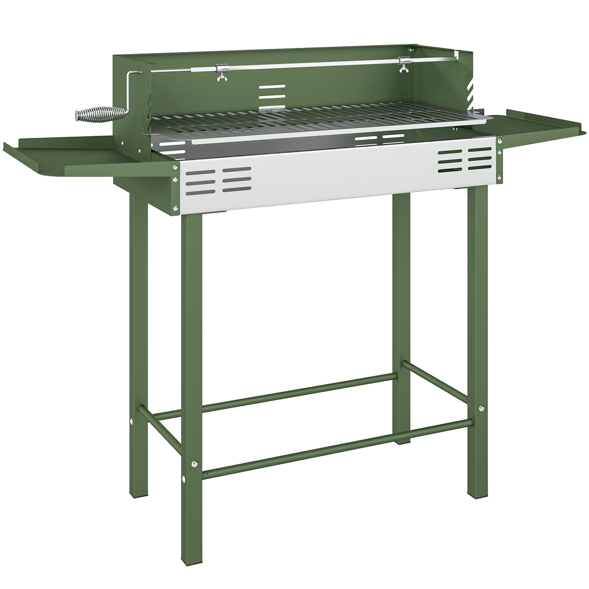Outsunny BBQ Rotisserie Grill Roaster Charcoal Spit Roasting Machine for Chicken Turkey with 3-Level Grill Grate, Side Shelves, Dark Green 