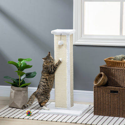 PawHut 81cm Cat Scratcher, Vertical Full Scratcher w/ Natural Sisal Rope, Hanging Ball, Soft Plush - White 