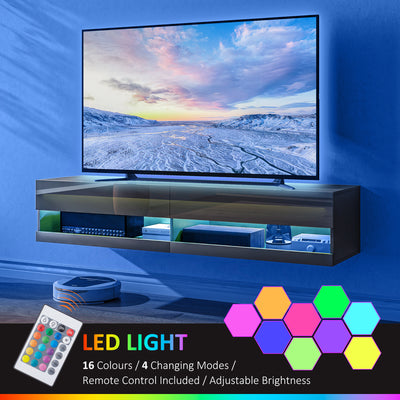 HOMCOM Floating TV Unit, Wall Mounted TV Cabinet for TVs up to 65", High Gloss Media Wall Unit with LED Lights, Storage Shelves for Living Entertainment Room, Black 