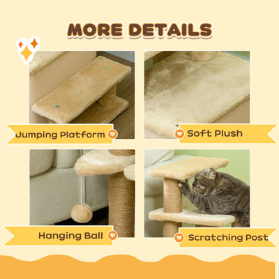PawHut Adjustable Cat Steps, with House & Hanging Toy Ball - Beige 